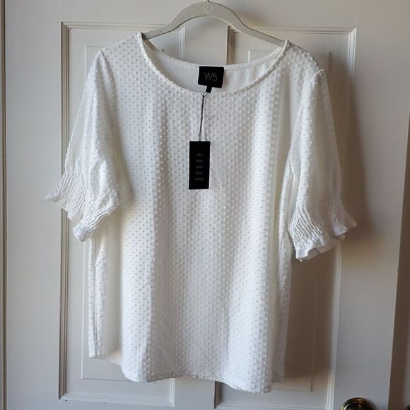 NWT W5 KNIT WHITE TOP PUFF SLEEVE POLKA DOT TEE CREW NECK GIRLY COQUETTE LARGE - Picture 1 of 6